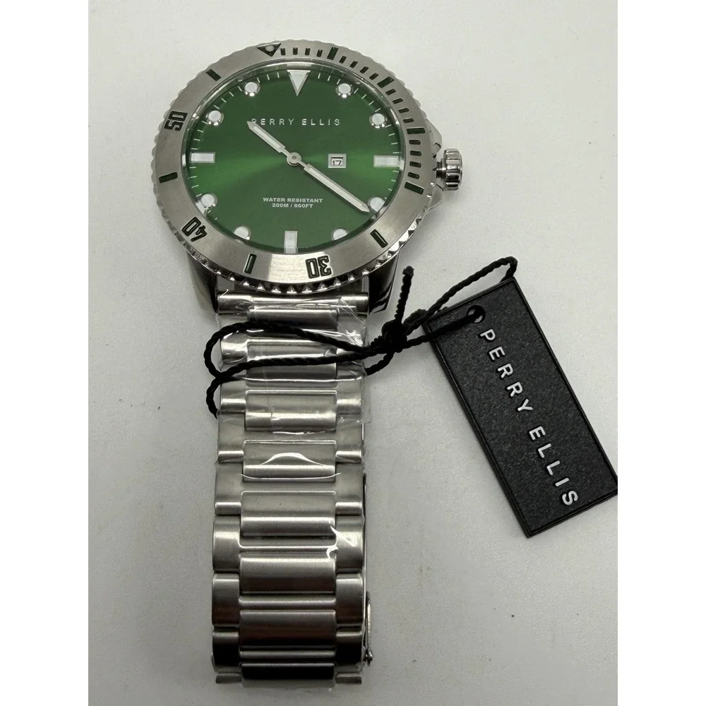 Perry Ellis Mens Divers Watch 02003-02 New Battery Green Dial 45MM 7.5